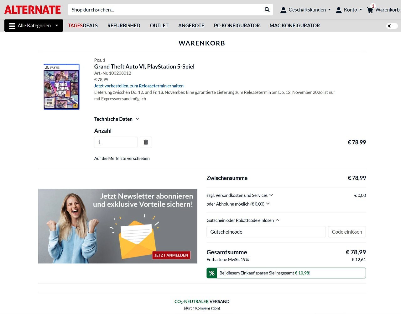 [26/06/2026] GTA 6 bei Alternate mit gratis USK-18-Versand