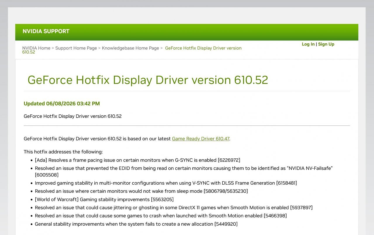 [09/06/2026] Der Geforce Hotfix 610.52 korrigiert insgesamt 8 Fehler des Geforce Game Ready Drivers 610.47.