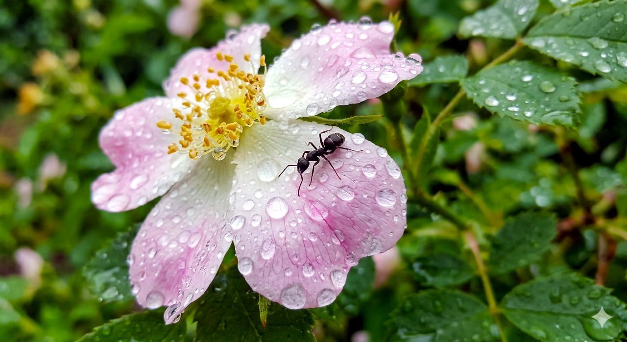 [12/06/2026] RyzA: Ameise auf Blüte mit Regentropfen. User-Antwort: 