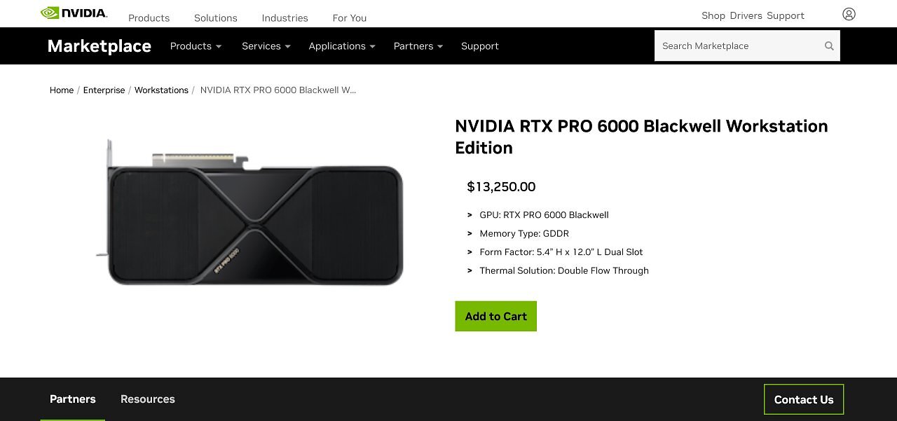 [14/06/2026] Die RTX 6000 Pro wird jetzt direkt bei Nvidia für 13.250 US-Dollar vor Steuern angeboten.