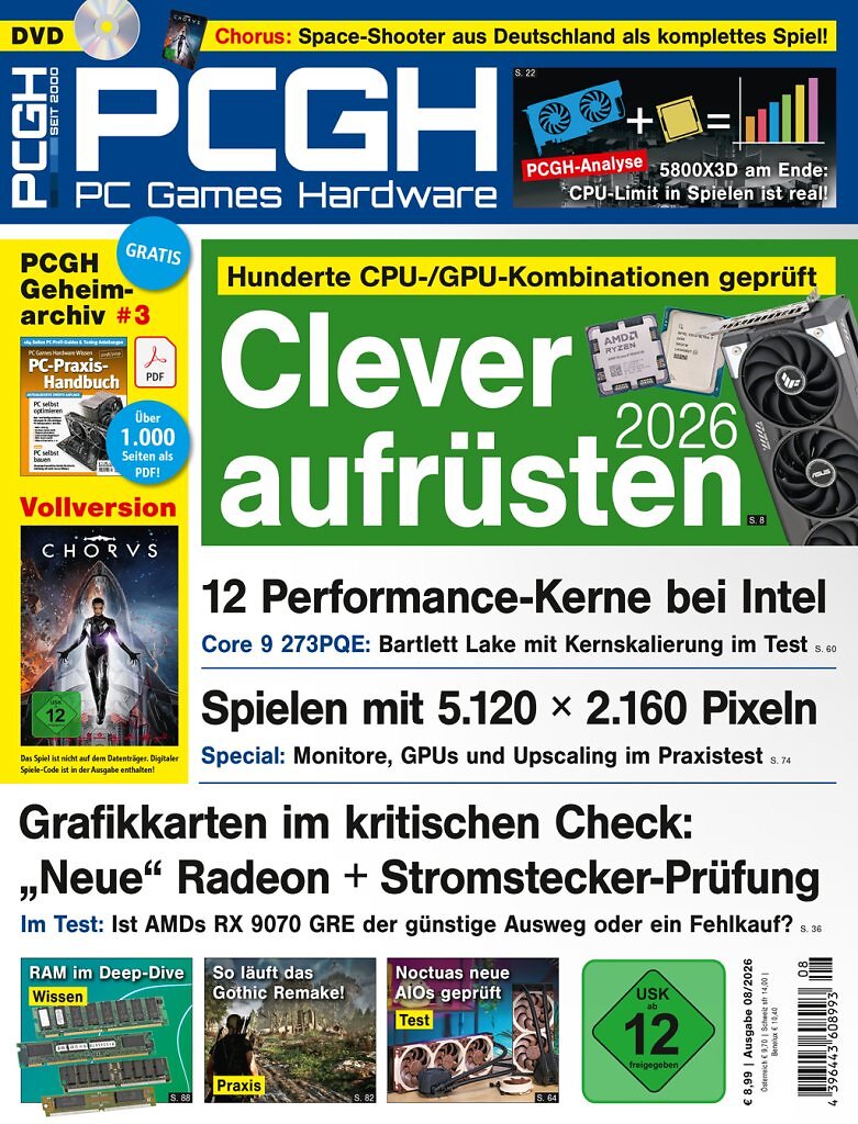 [26/06/2026] DVD-Cover der PCGH-Ausgabe 08/2026. Mit dabei ist unter anderem Chorus als Steam-Key.