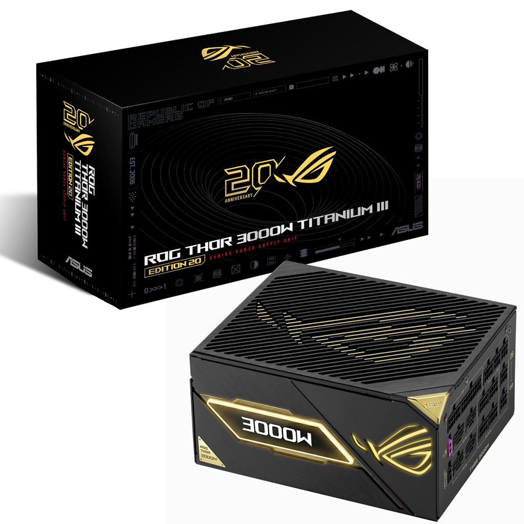 [13/06/2026] Asus ROG Thor 3000W Titanium III Edition 20: Das Premium-Netzteil ist für 999,99 Euro im Handel gelistet.
