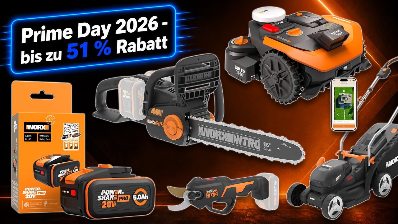 [17/06/2026] Worx-Deals zum Prime Day: bis zu 51 % Rabatt auf Akkus, Rasenmäher, Kettensägen, Heckenscheren & mehr