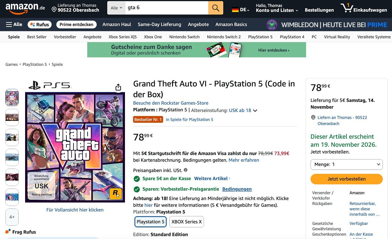 [01/07/2026] GTA 6 vorbestellen: Amazon zieht jetzt 5 Euro an der Kasse ab.
