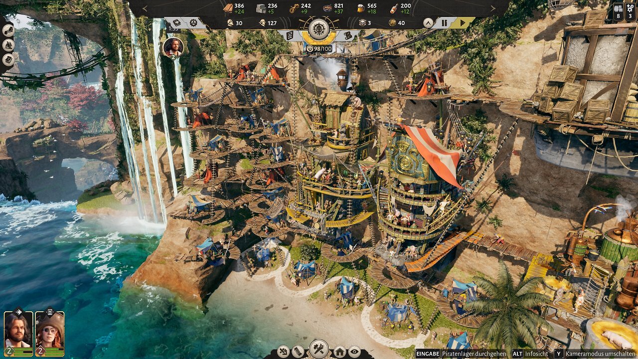 [28/07/2026] Nur am Boden bauen ist langweilig: In Corsair Cove klöppeln Sie Zelt an Zelt an die Wand und verbinden das geschickt mit Kombüse und Taverne, damit Ihre Piraten zu jeder Zeit wohlgenährt sind. Und wer dann noch das Lager in der Nähe platziert, sorgt für einen steten Nachschub an Alkohol - Skål!