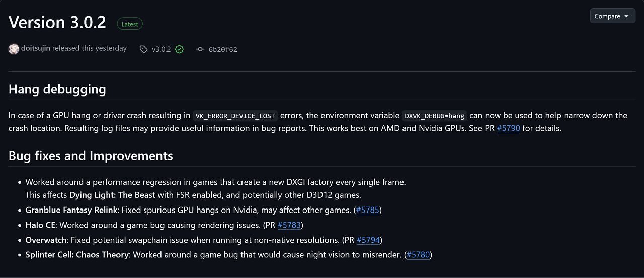 [18/07/2026] Die offiziellen Release Notes von DXVK 3.0.2 auf der Entwicklerplattform GitHub.