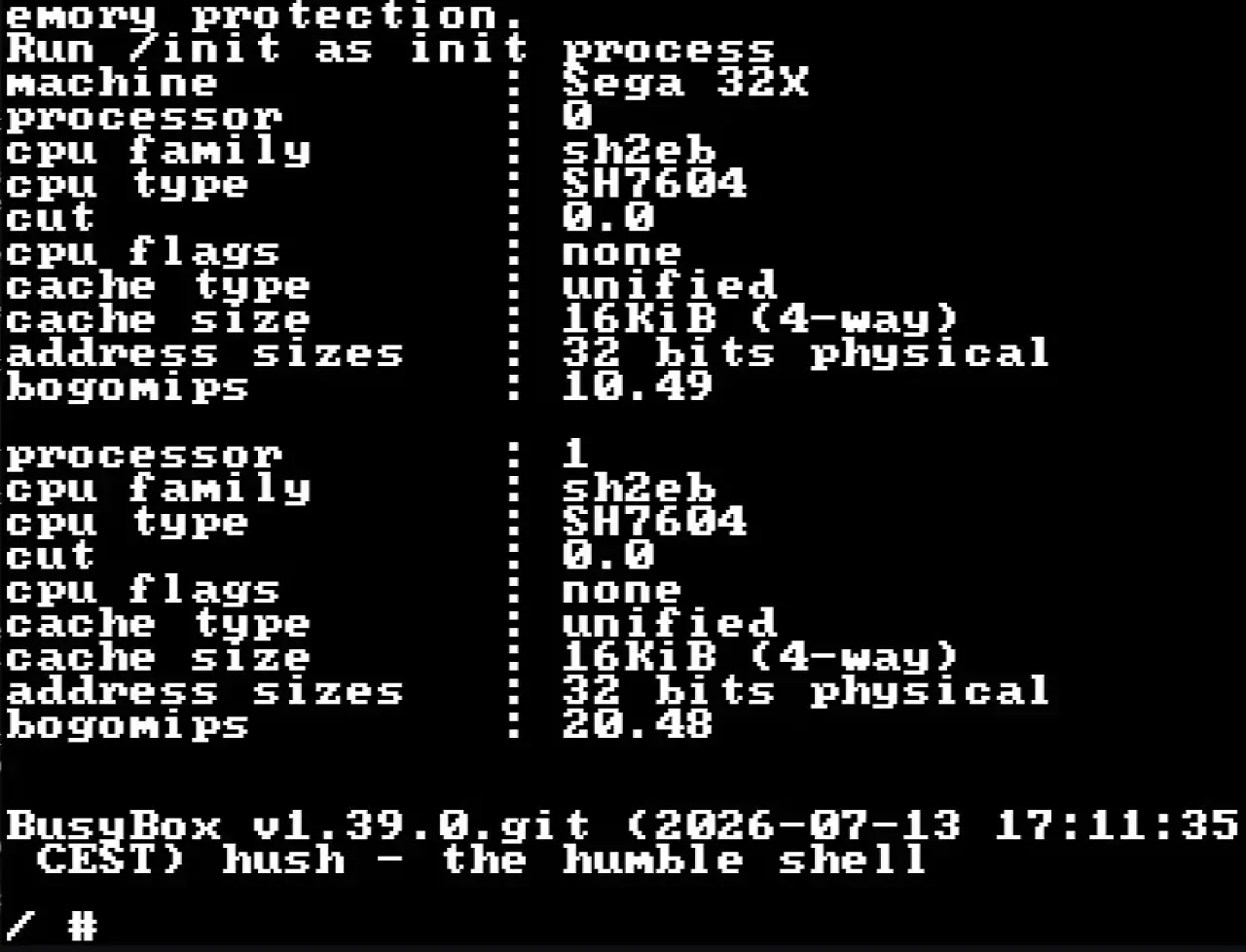 [16/07/2026] Linux mit BusyBox-Shell bootet erfolgreich auf dem Sega 32X.