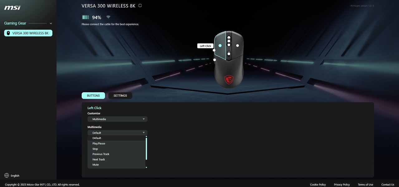 [21/07/2026] Alle Tasten der MSI Versa 300 Wireless 8K lassen sich mit Mausfunktion (Klick, Scroll, dpi +/-), Multimedia (Start/Pause, Vor- und Zurückspulen) und Makros belegen.&nbsp;