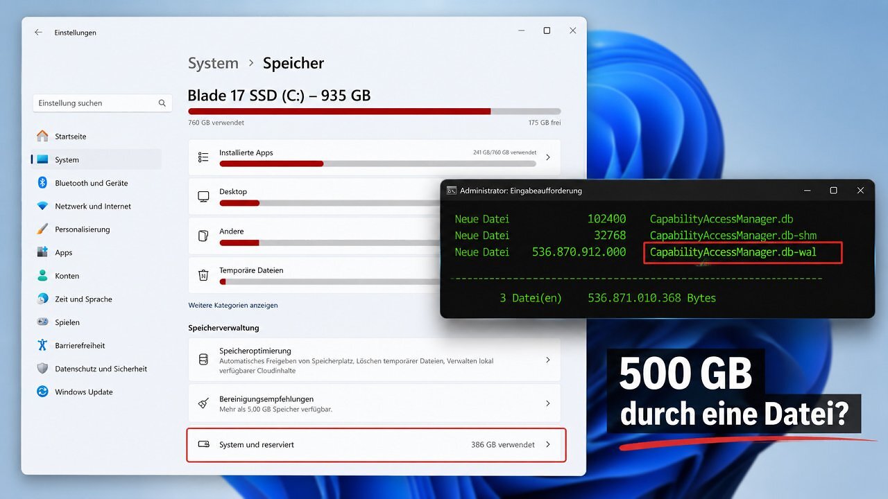 [15/07/2026] Eine Systemdatei von Windows 11 konnte unbemerkt mehrere Hundert Gigabyte belegen.