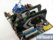 MSI P7N SLI Platinum mit zwei 8800-GT-Karten - eine wird mit 16, die andere mit acht PCI-E-2.0-Lanes angesprochen. (Bild: PCGH)