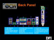 DFI Hybrid Mainboard mit Intels P45-Chipsatz und Nvidia Ion: Die grün markierten Anschlüsse sind für das Ion-System reverviert, rote für das P45-System. Die blauen Ports können von beiden genutzt werden. 