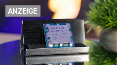 Ryzen 9 9950X3D in einem Ständer präsentiert.