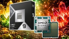 Das Foto zeigt eine Kollage des Ryzen-9-Prozessors und der Verpackung vor farbigem Hintergrund.
