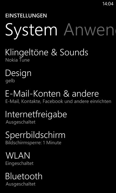 Einstellungen in Windows Phone 8.