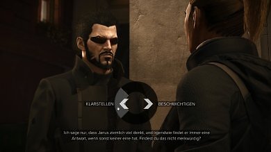 Kein Matrix-Rebell mit Bart, sondern unser sich in einem Dialog befindlicher Protagonist Adam Jensen in Deus Ex: Mankind Divided.
