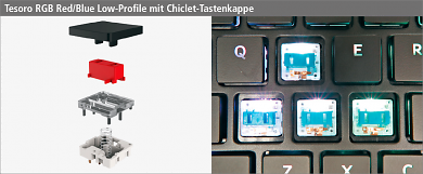 Tesoros blauer Low-Profile-Schalter verfügt über ein ähnlich flaches, transparentes Gehäuse wie das Kailh-Model. Der Auslösepunkt kommt hier nach 1,1 mm (+/- 0,4 mm) der Hubweg beträgt 3,0 mm (+/- 0,3 mm) und der Aktivierungsdruck 50 cN (+/- 1,5 cN).