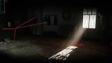 Beim Zuschalten von Raytracing bleiben die Schatten, die vom Fensterlicht geworfen werden Shadow-Maps, jene die von der Schreibtischleuchte geworfen werden, sind indes Raytracing-Schatten. Beachten Sie nicht nur deren erhöhte Genauigkeit in Bezug auf die Lichtquelle, sondern auch, dass mit Raytracing die vielen kleinen Objekte (Schutt, Papierfetzen) akkurat verschattet werden.