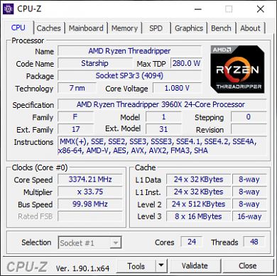 CPU-Z-Shot des AMD Ryzen Threadripper 3960X.