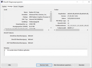 DXDiag Windows 10 2004 mit RSA 20.5.1
