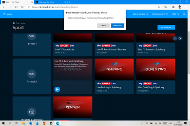 Auswahl einer Sendung auf Sky Ticket-Webseite verlinkt zum Web-Player