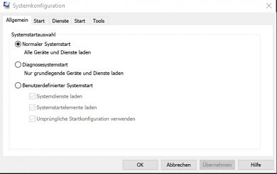 Systemkonfiguration normaler Systemstart in Windows 10