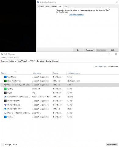 Systemkonfiguration sauberer Neustart in Windows 10 Einstellungen im Task Manager