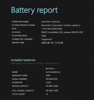 Battery Report Microsoft Surface Laptop 3 15
