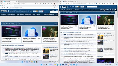 Windows 11 Testversion mit unechtem Web Browser links und echtem Microsoft Edge rechts