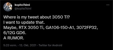 Mögliche Spezifikationen zur RTX 3050 Ti.