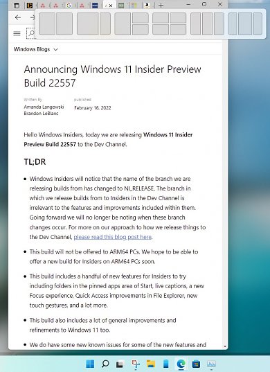 Neuer Snap Assist in Windows 11 Insider Preview 22557