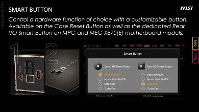 AM5-Motherboard-Showcase von AMD, Asrock, Asus, Biostar, Gigabyte und MSI (25): MSIs zweites Special-Feature in dieser Generation sind alternative Funktionen für den Reset-Schalter am Gehäuse sowie ein weiterer externer Schalter am I/O-Panel.