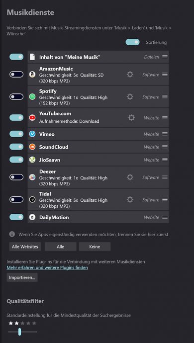 Audials One: Einstellungen.