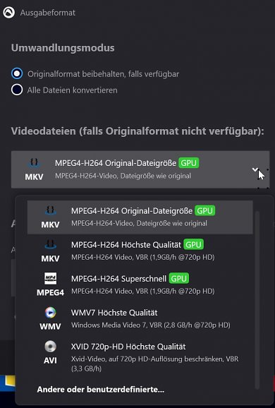 Audials One: Video Codecs.