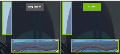 RTX Video Super Resolution schärft die Kanten und entfernt Artefakte, wie man in diesem Beispiel eines Spielvideos von 1080p auf 4K mit VSR-Upscaling sehen kann, wobei ein zweifacher Zoom die Unterschiede hervorhebt.