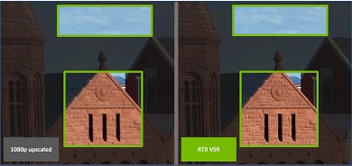 In diesem Beispiel skaliert Nvidia ein reales Video von 1080p auf 4K mit VSR-Upscaling auf der rechten Seite und einfachem bilinearem Upscaling auf der linken Seite und wendet einen zweifachen Zoom an, um die Unterschiede hervorzuheben.