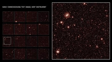 Testbild der frühen Inbetriebnahme - NISP-Instrument mit vollem Sichtfeld und Zoom für Details.
