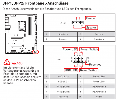 Anleitungsbeispiel für die Frontanschlüsse (MSI Unify Z690). Die Position auf der Platine kann abweichen. Schauen Sie daher unbedingt nach, um den Power- und Reset-Switch des Gehäuses am Mainboard zu verbinden.