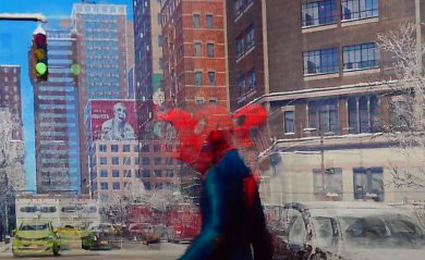 LSFG 2.2 X2 ohne Performance-Mode in Spider-Man: Miles Morales: Sichtbares Nachschlieren II, direkte Monitoraufnahme.