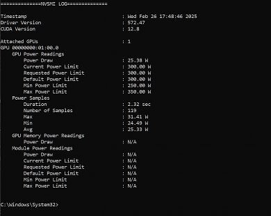 P-BIOS: Auszug aus der NVSMI. Das Powerlimit beträgt 350 W. Neben Angaben wie der Treiberversion kann hier auch ein Auszug des Lastverbrauchs angezeigt werden. Die Angaben sind vor allem im IDLE deutlich genauer als Tools diese ausgeben.