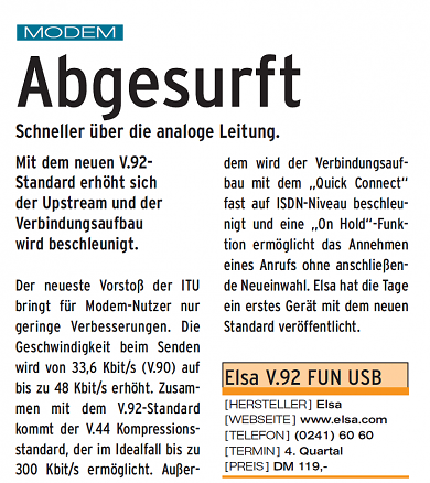 Modemtechnik anno 2000: Mit V.92 erreichte man bis zu 56 Kbit/s - Highspeed im Zeitalter des Pieptons.