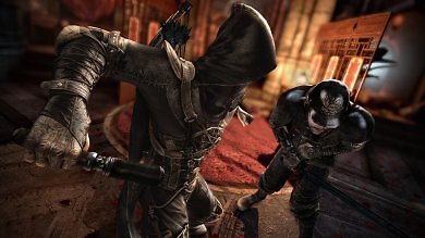 Garrett greift einen Gegner aus dem Hinterhalt an – ein wenig überraschendes Gameplay-Element. Lautloses Vorgehen steht im Fokus.