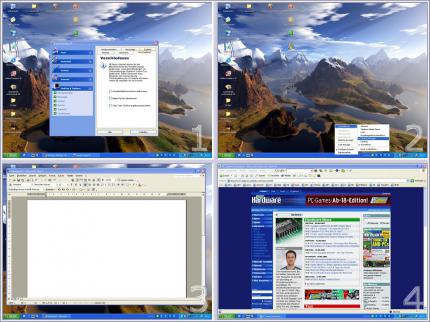 4) Microsofts Powertoy stellt vier virtuelle Desktops dar und zeigt sie bei Bedarf auch als Preview an.