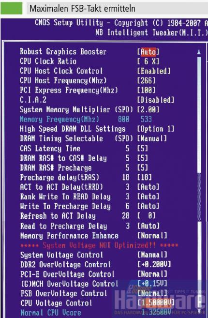 Maximalen FSB-Takt ermitteln: Konfigurieren Sie Ihr BIOS zunächst wie auf dem Bild gezeigt. Anschließend tasten Sie sich in fünf-MHz-Schritten an das FSB-Maximum. Im Bild sehen Sie das BIOS von aktuellen Gigabyte-Platinen. Bei anderen Boards können die Optionen entsprechend anders heißen. (Quelle: PCGH)
