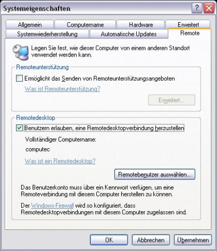 Aktivieren Sie auf dem PC, den Sie fernsteuern möchten, den Remotedesktop (unter „Systemsteuerung“ – „System“ – „Remote“). 