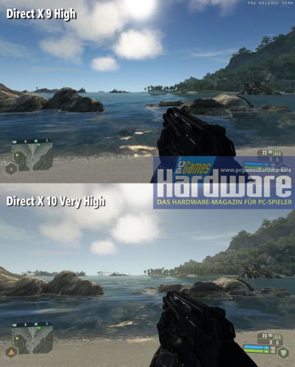 Crysis: Schöneres Wasser und realistischere Beleuchtung dank Very High - allerdings kostet Very High zu viel Leistung.