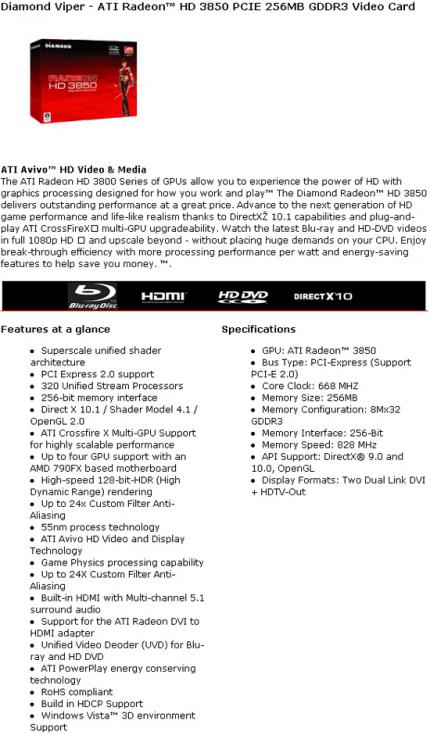 Diamond-MM-Produktseite zur HD3850 (Quelle: TechConnectMagazine.com)