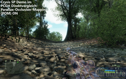 Crysis SP Demo(2.560x1.600, 4x MSAA, 16:1 AF): Parallax Occlussion Mapping Direktvergleich (Bild: PCGH)