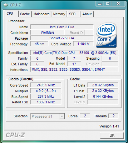 Wolfdale 2,4 GHz, FSB 1066 (Standard: FSB 1333)