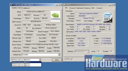 Unser Testsystem: drei 8800 GTX mit Standardtakt und Intels 3-GHz-Quad-Core Core 2 Extreme QX6850. (Bild: PCGH)