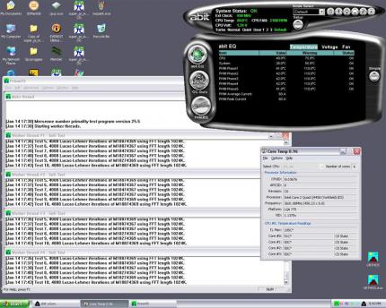 Das Tool Prime95 startet für jeden Kern des Intel Q9450 eine Instanz und lastet diesen voll aus (Bild: Xtremesystems.org)